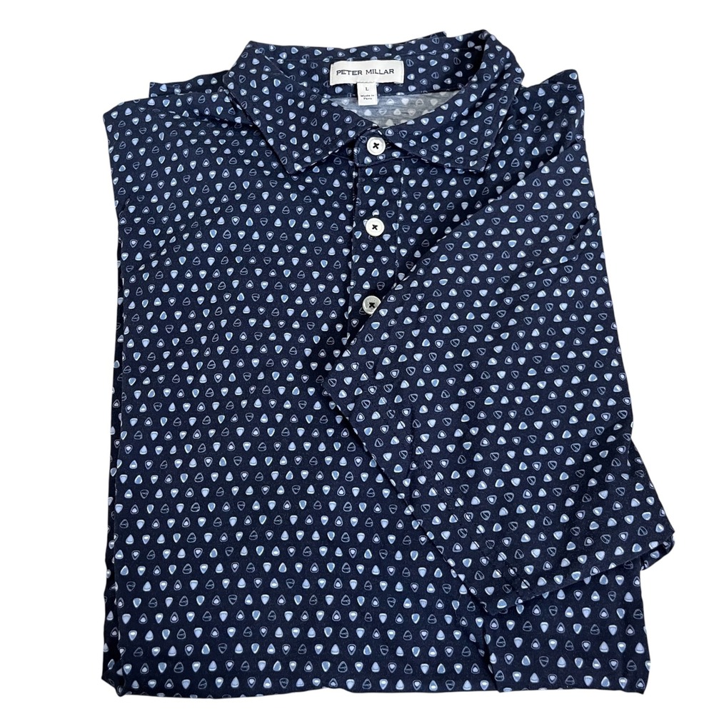 Peter Millar Pima Cotton Polo Navy Geometric Micro Print Golf Shirt Large